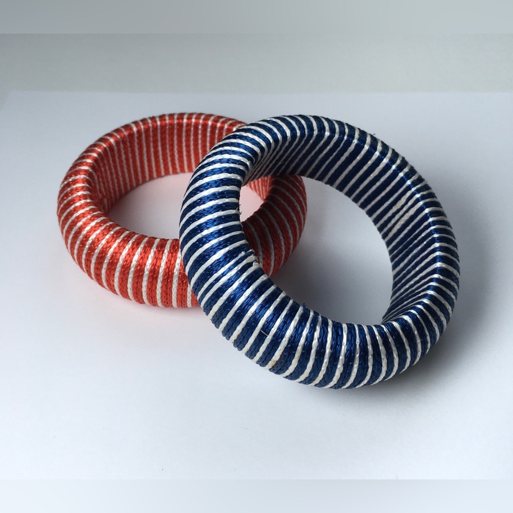2 Oversized Thread Wrapped Striped Bangle Bracelets Red & Navy Statement Jewelry